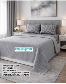 ETEHOMETEX ÇİFT KİŞİLİK %100 PAMUK HAVUZLU PİKE TAKIMI GRİ 8696474232075